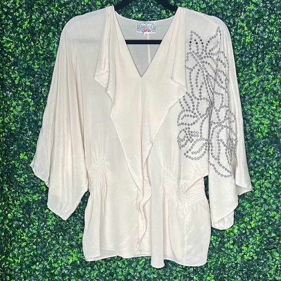 BARASCHI fBoho Flowy Silk Top with Embroidered Detail SZ XS